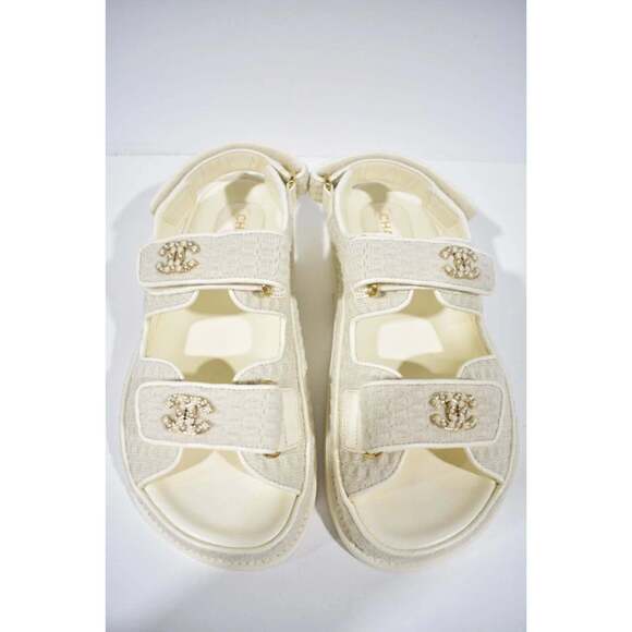 Chanel 22S Ivory White Knit CC Logo Mule Slide Strap Flat Dad Teva Sandal 36.5 - Picture 2 of 11